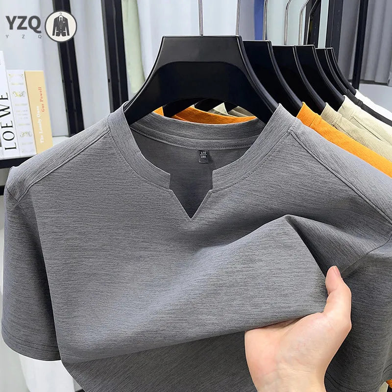 Black Korean V-Neck T-Shirt for men, casual summer style, breathable fabric, available in sizes S to 4XL, from Corporación Turística.