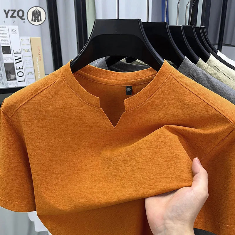 Black Korean V-Neck T-Shirt for men, casual summer, breathable cotton, available in sizes S to 4XL, by Corporación Turística.