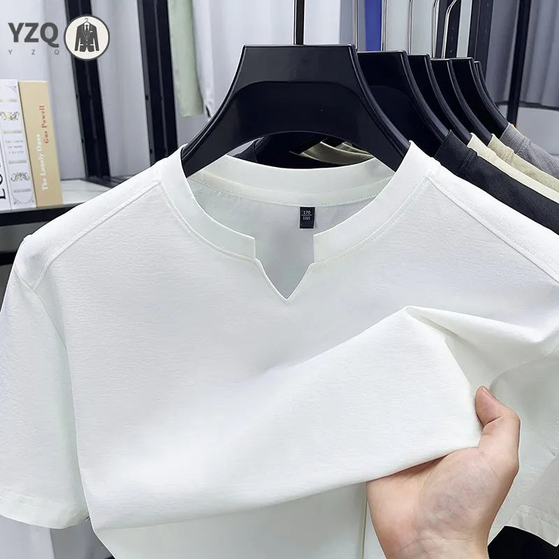 Black Korean V-Neck T-Shirt for men, casual summer wear, breathable fabric, available in sizes S to 4XL, from Corporación Turística.