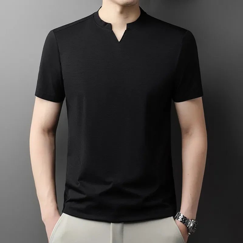 Black Korean V-neck men's casual summer T-shirt from Corporación Turística, breathable short-sleeve design in sizes S to 4XL.