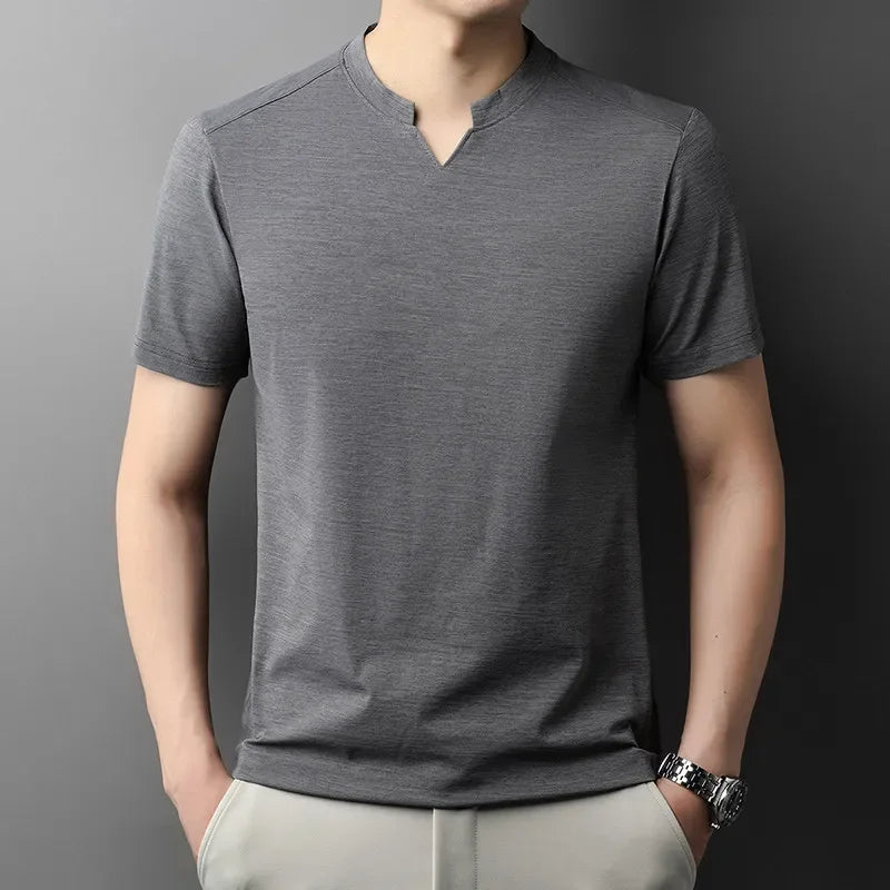 Black Korean V-Neck T-shirt for men by Corporación Turística, casual summer, breathable short-sleeve shirt, available in sizes S to 4XL.
