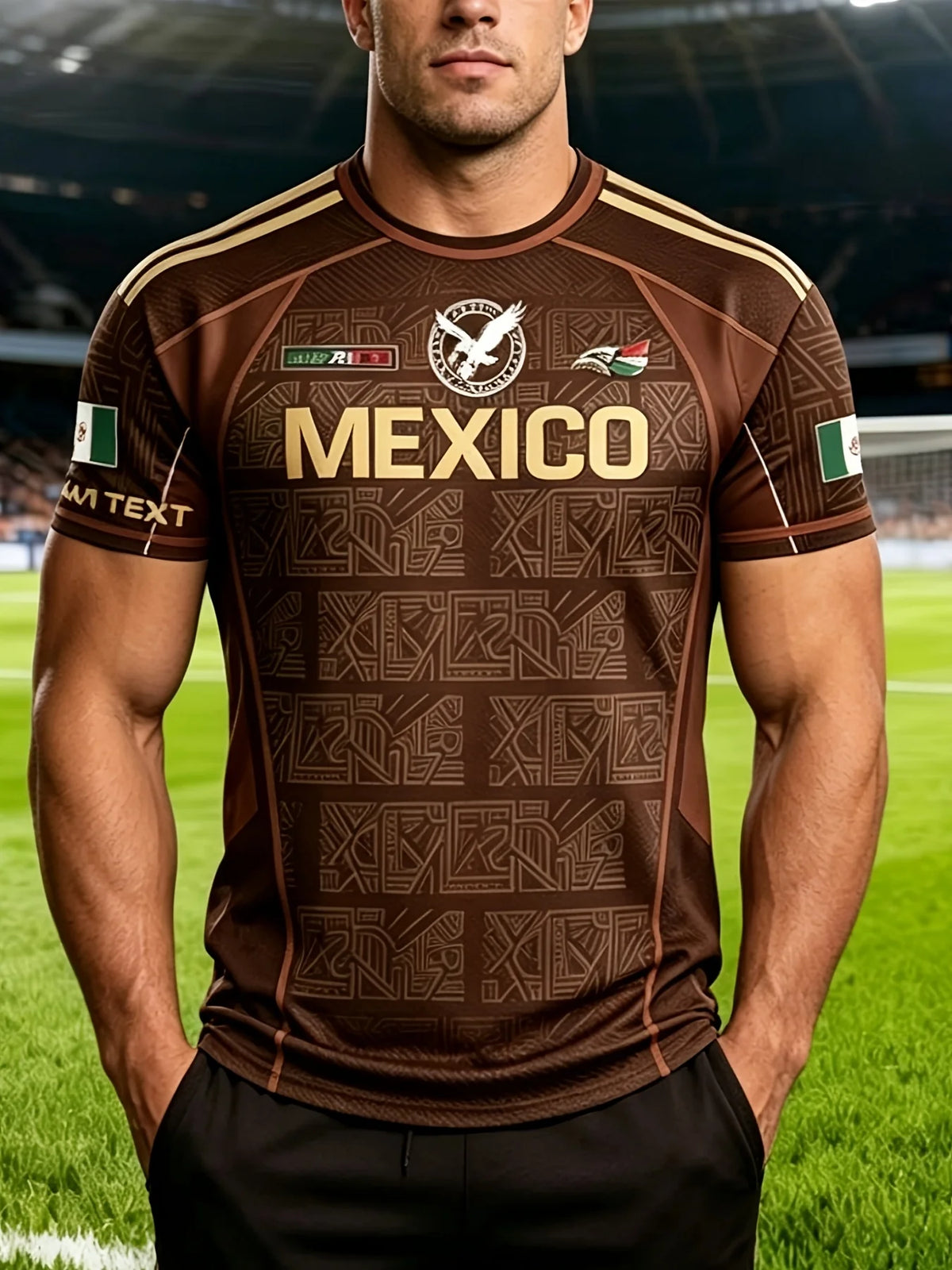 Hombre wearing Corporación Turística Águila polyester breathable short-sleeve T-shirt, quick-drying fabric, casual summer clothing.