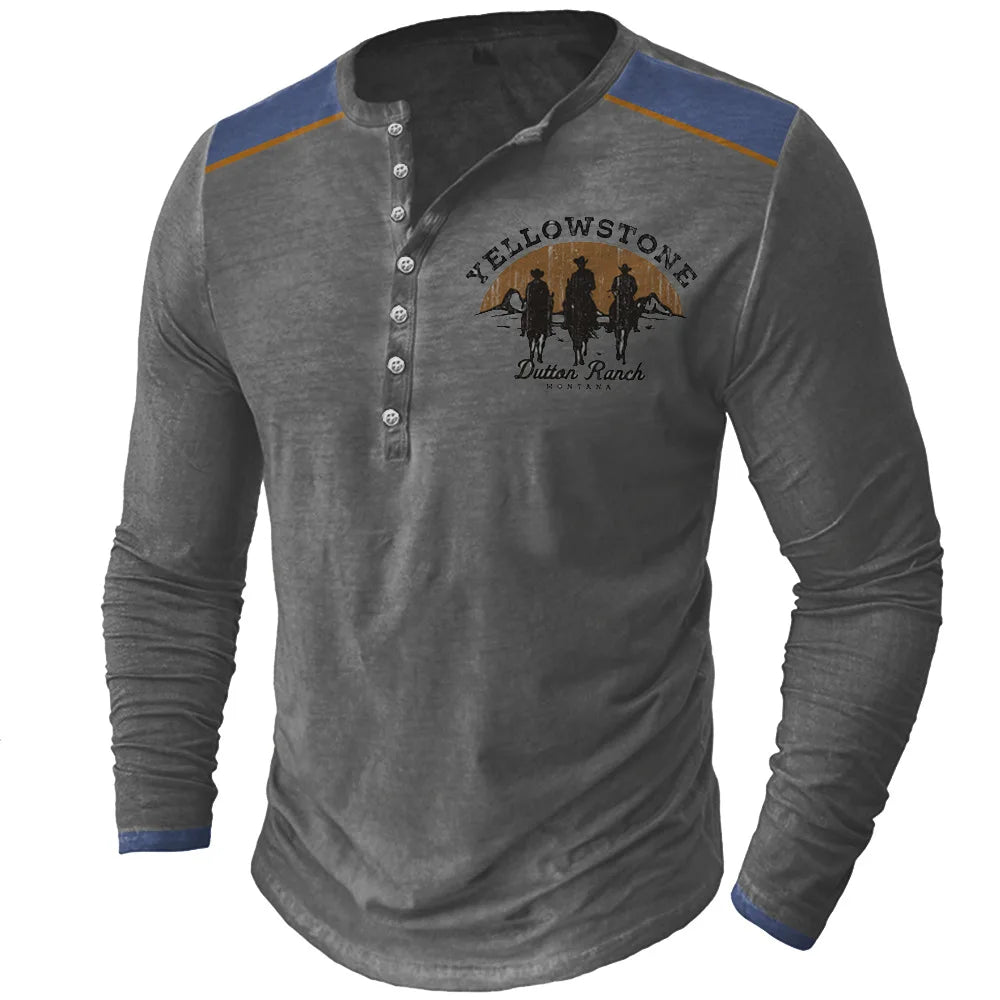 Gray long-sleeve vintage Yellowstone R66 T-shirt for men, casual style, XL size, by Corporación Turística.