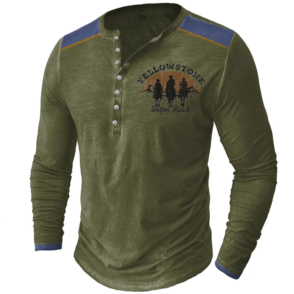 Dark gray vintage Yellowstone Ruta 66 long-sleeve T-shirt for men by Corporación Turística, featuring retro travel design.