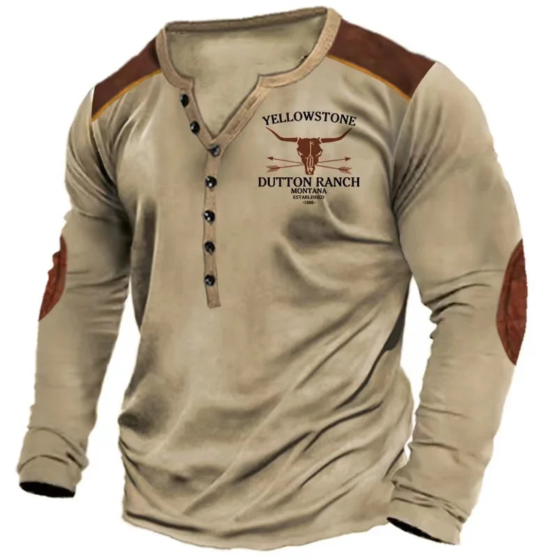 Dark gray vintage Yellowstone Ruta 66 long-sleeve T-shirt for men by Corporación Turística, featuring retro travel graphic.