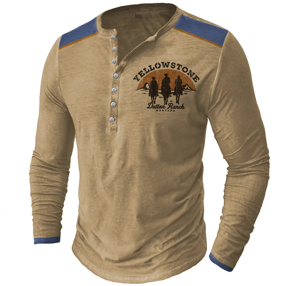 Dark gray vintage Yellowstone Ruta 66 long-sleeve T-shirt for men by Corporación Turística, featuring classic travel-inspired design.