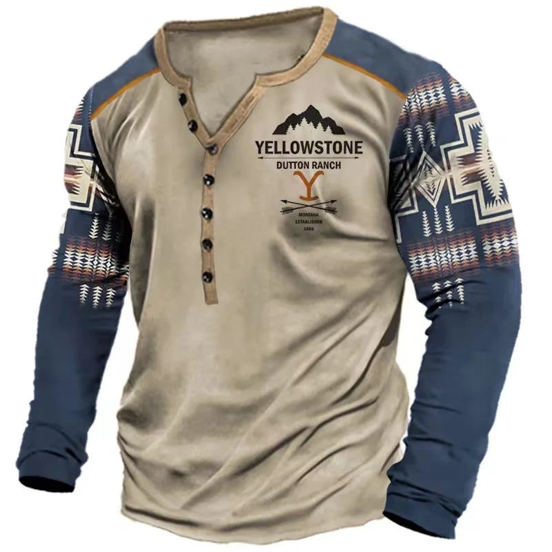 Dark gray vintage Yellowstone Ruta 66 long-sleeve T-shirt for men by Corporación Turística, featuring classic roadside design.