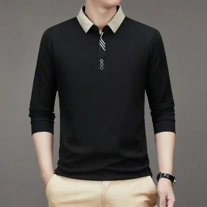 White men's long-sleeve waffle shirt with high collar, casual and business style, by Corporación Turística.
