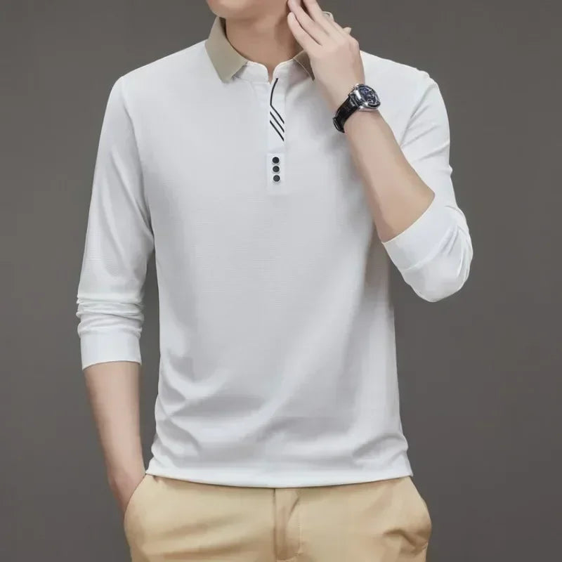 White long-sleeve waffle knit men's t-shirt with high neck, casual and business style by Corporación Turística.