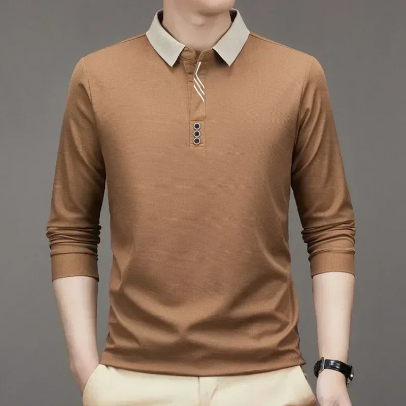 White long-sleeve waffle-knit men's T-shirt with high neck, casual and business style by Corporación Turística.