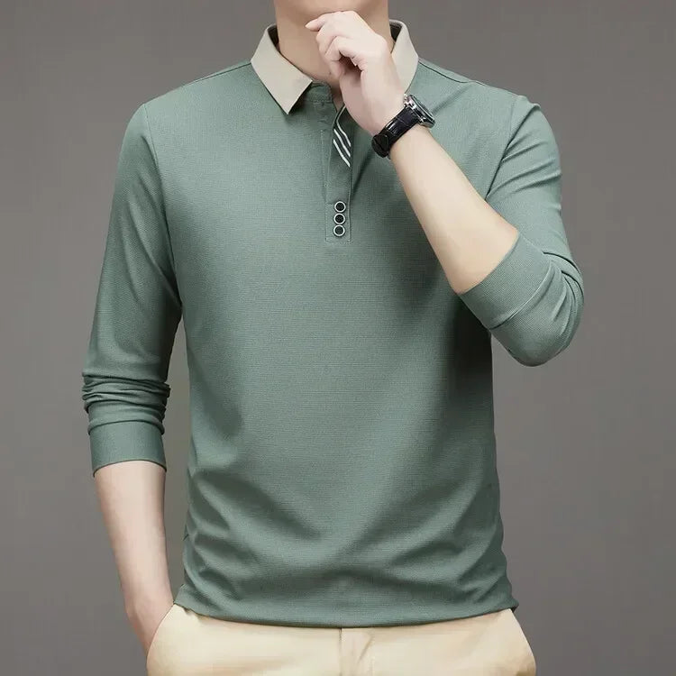 White long-sleeve waffle-knit men's shirt with high collar, casual and business style by Corporación Turística.