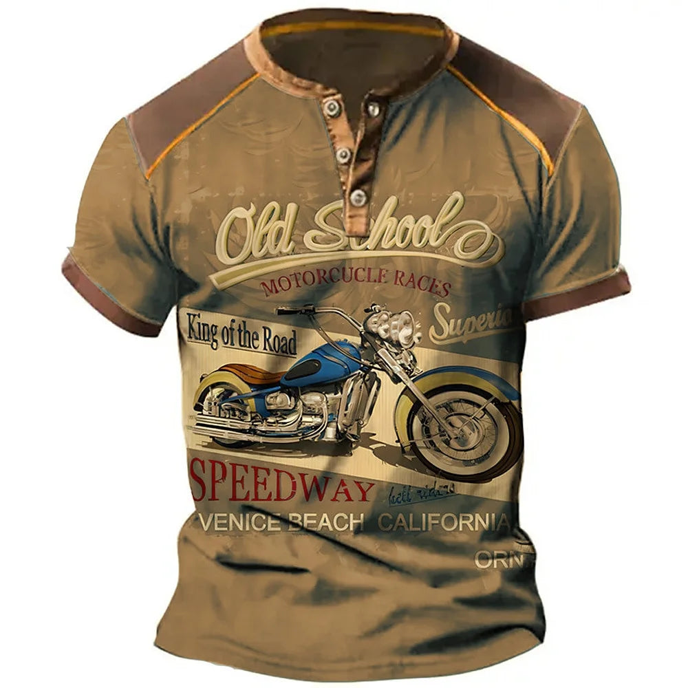 Men's 3D Moto Henley T-shirt by Corporación Turística, short sleeve casual summer shirt with a motorcycle design.