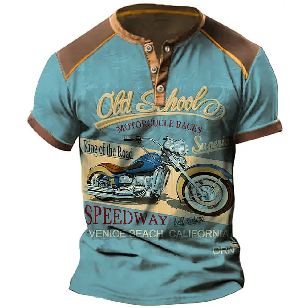 Men's Henley Moto 3D T-shirt by Corporación Turística, short sleeve summer casual shirt with motorcycle 3D design.