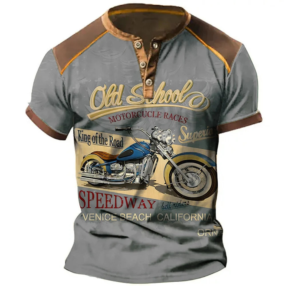 Short sleeve Moto 3D Henley T-shirt for men by Corporación Turística, casual summer style, lightweight and comfortable.
