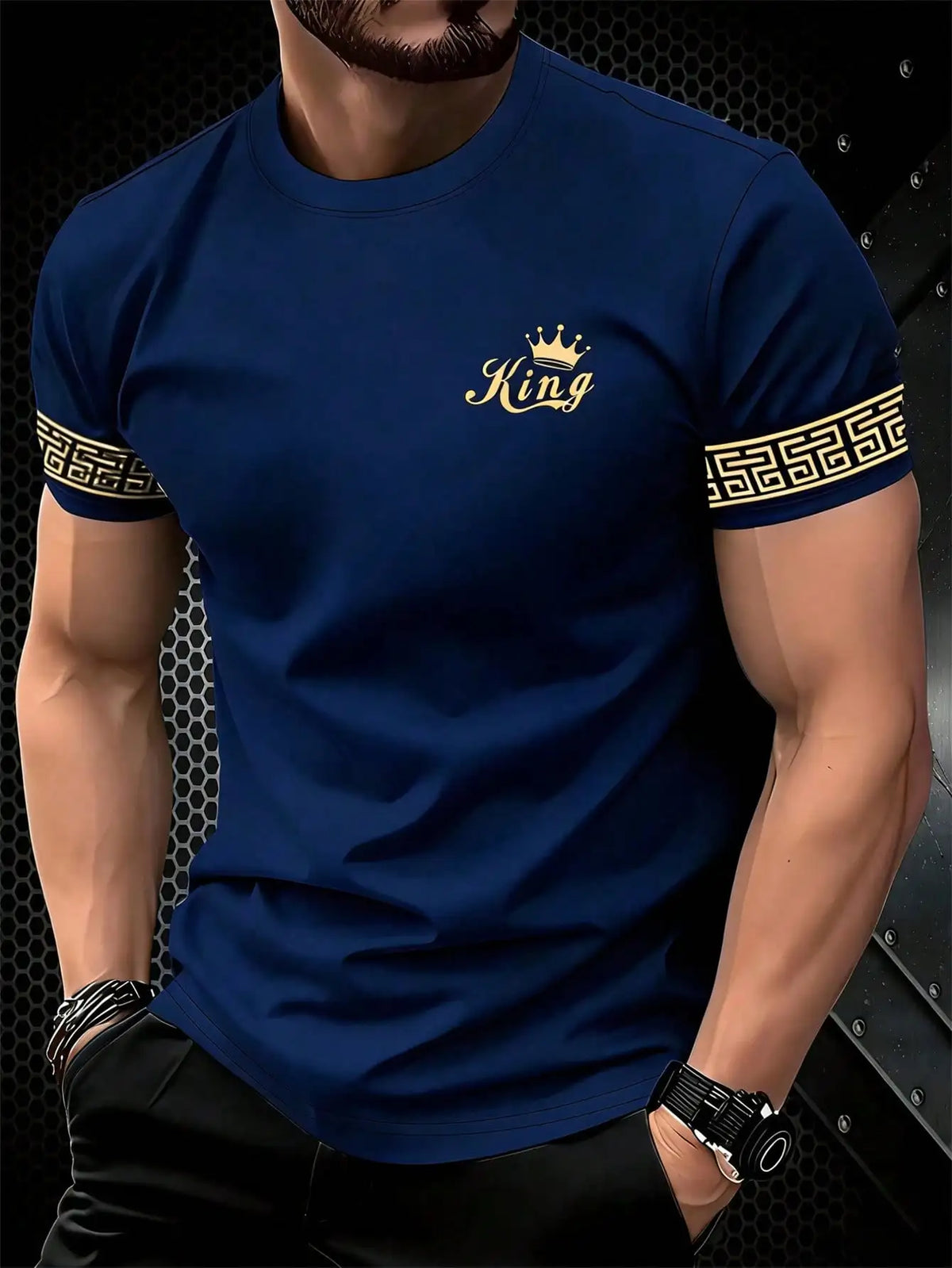 Black men's T-shirt with gold "King" print by Corporación Turística, casual style, front view showcasing the graphic design.
