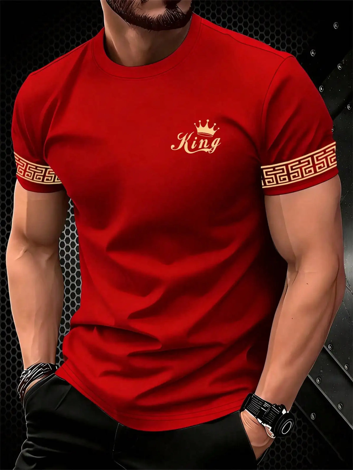 Black men's "King" T-shirt by Corporación Turística with gold print, casual style, short sleeves, and crew neck.