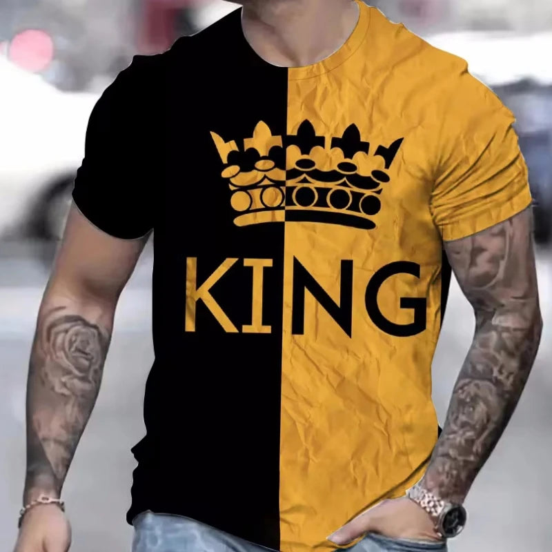 Black men's T-shirt by Corporación Turística with gold King print, casual style, short sleeves, and crew neck.