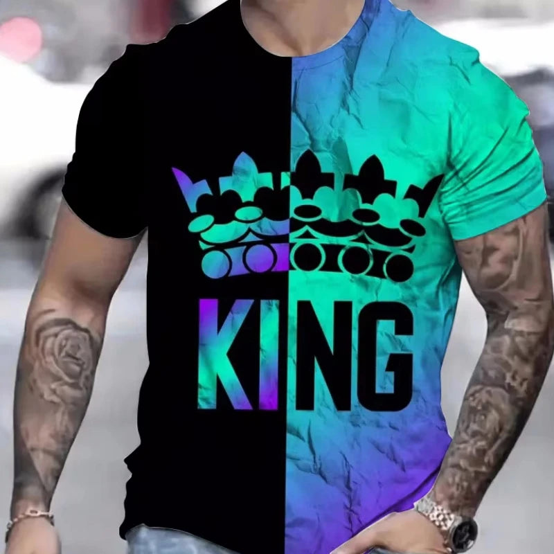 Black men's T-shirt with gold "King" print by Corporación Turística, casual style, short-sleeve, comfortable fit.