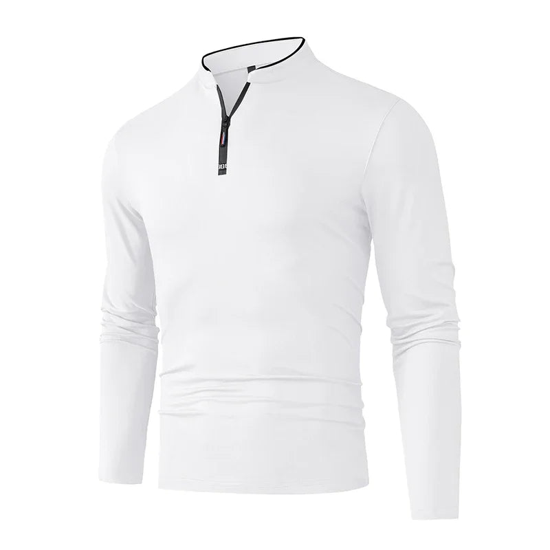 Black men's long sleeve polo shirt by Corporación Turística with half zipper, anti-wrinkle fabric, suitable for casual and business wear.
