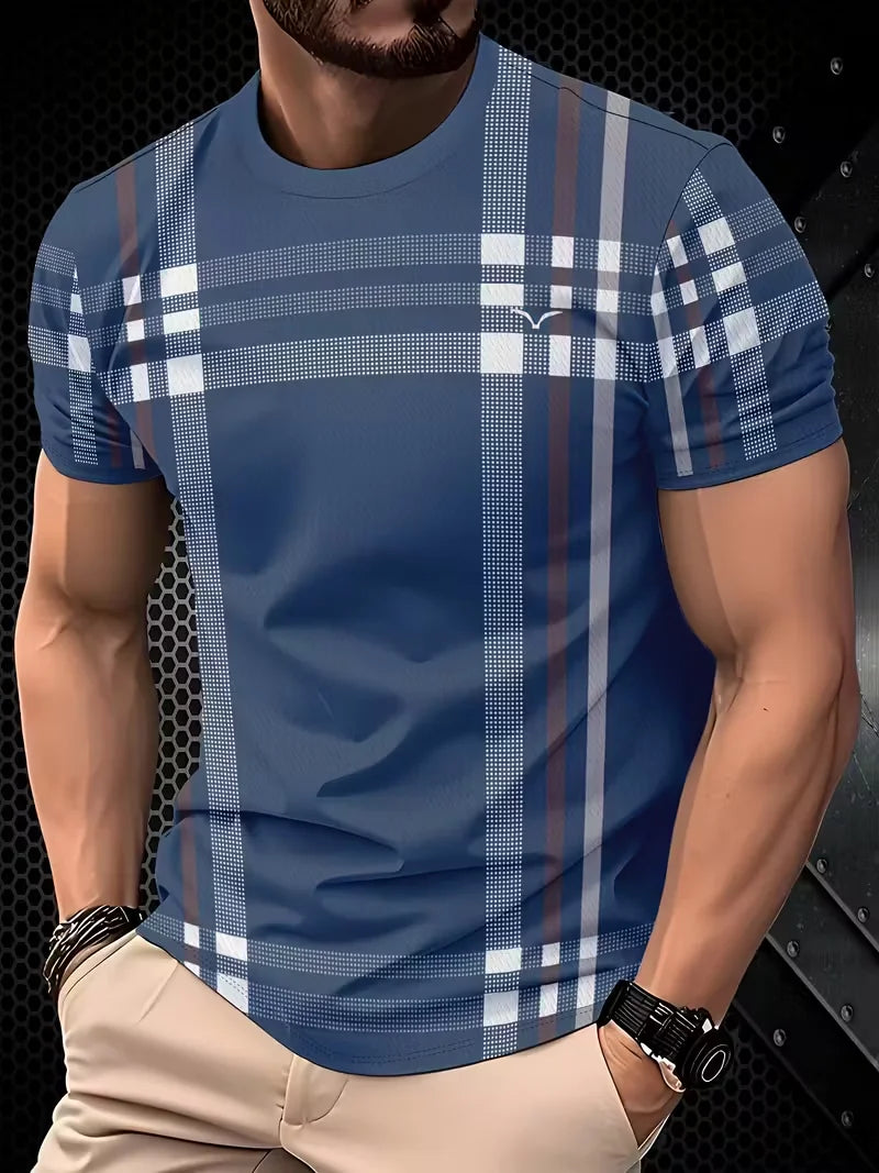 Beige and gray men's summer camiseta by Corporación Turística with plaid and stripe pattern, slim fit, casual short-sleeve top.