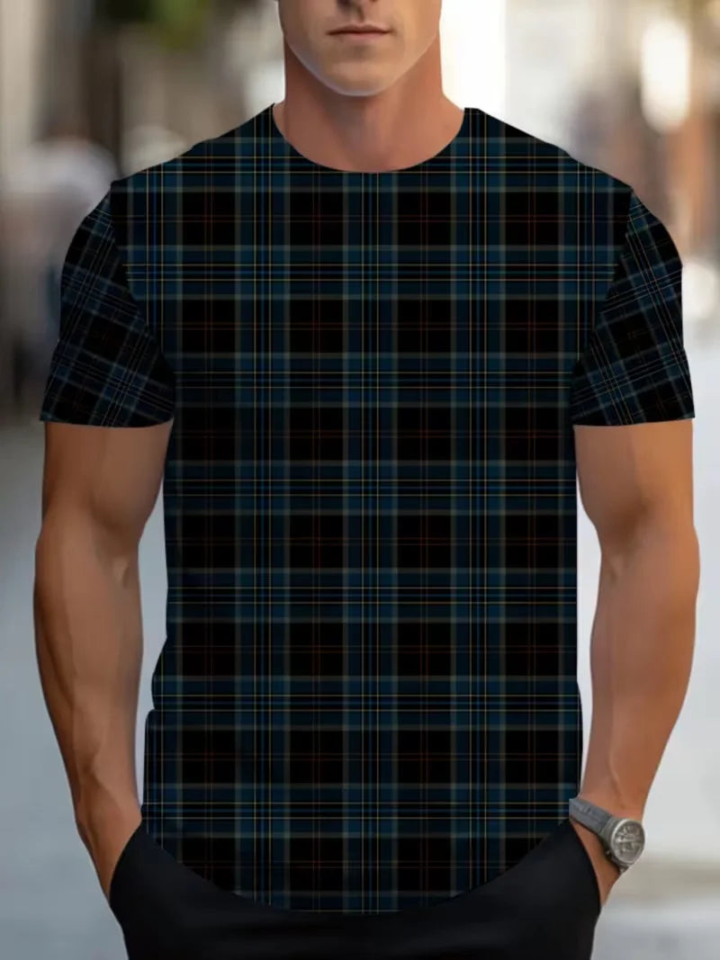 Beige and gray summer men's slim fit checkered and striped T-shirt from Corporación Turística, made of lightweight fabric.
