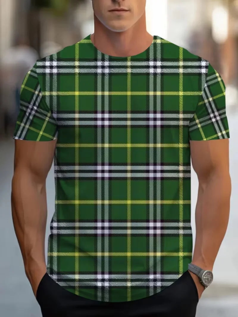 Beige and gray men's summer T-shirt with plaid and striped pattern, slim fit, from Corporación Turística, casual clothing.
