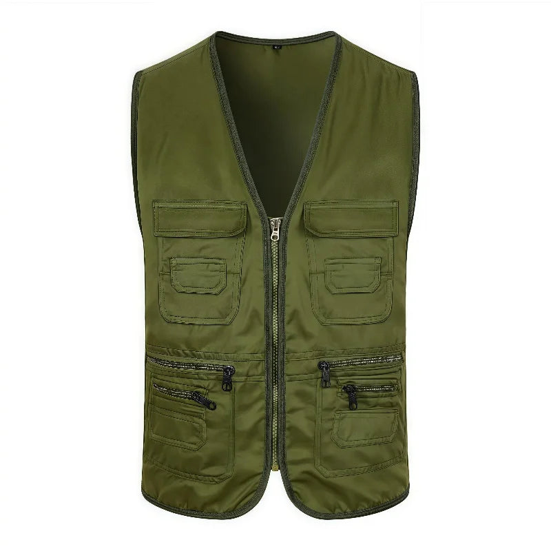 Men's multi-pocket tactical vest by Corporación Turística, breathable fishing and photography vest with multiple storage pockets, red color.