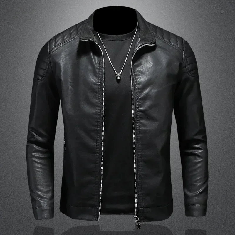 Blue high-neck casual men's PU leather jacket by Corporación Turística, suitable for spring and fall, in size 4XL.