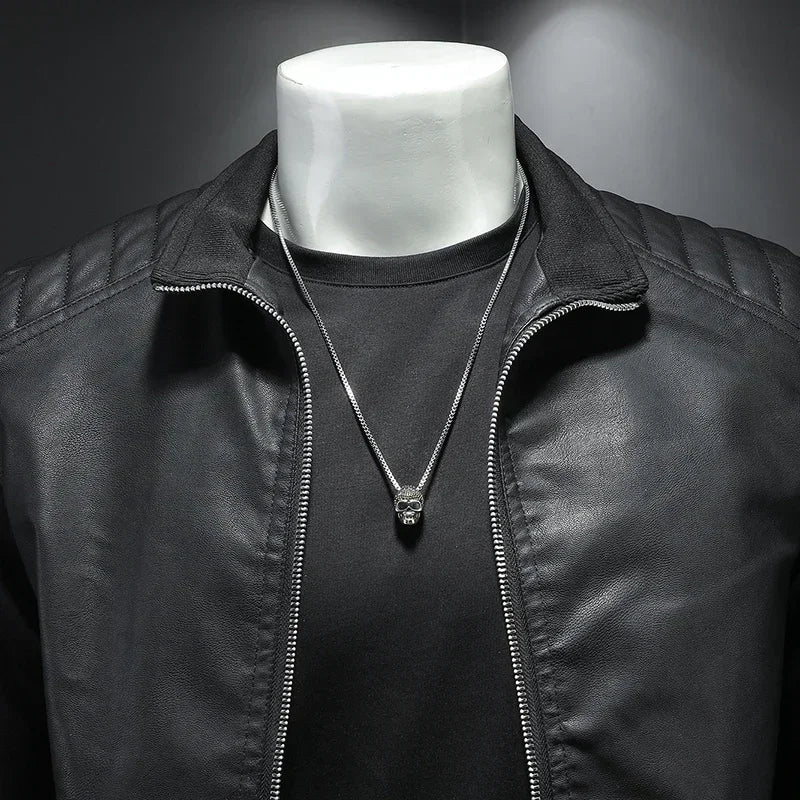 Blue men's high-neck casual PU leather jacket by Corporación Turística, suitable for spring and autumn, size XXL.