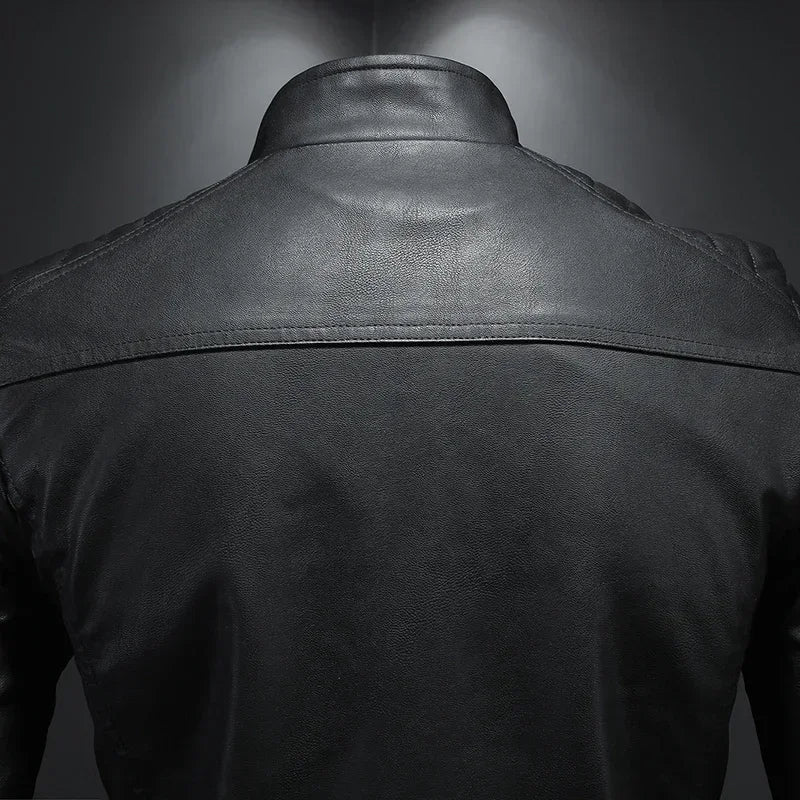 Blue men's high-neck casual PU leather jacket by Corporación Turística, suitable for spring and autumn, in a 4XL size.