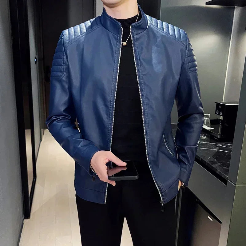 Blue men's high-neck casual PU leather jacket with a stylish collar, perfect for spring and fall, by Corporación Turística.