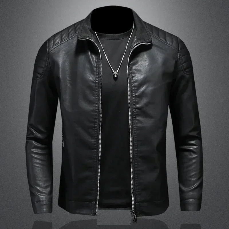 Blue men's high collar casual PU leather jacket from Corporación Turística, perfect for spring and fall wear.