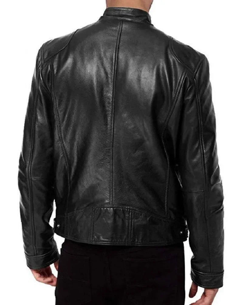 Black leather men's bomber jacket with a casual fit, featuring a motorcycle-inspired design and a relaxed, loose style.