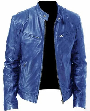 Casual black leather men's bomber jacket with a relaxed fit, featuring a motorcycle style from Corporación Turística.