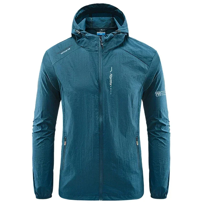 Light grey men's UPF50+ quick-dry sports jacket from Corporación Turística, ideal for hiking and cycling.