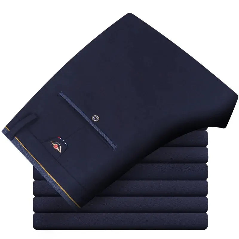 Elastic men's straight pants in black and blue, suitable for casual, business, and formal wear, by Corporación Turística.