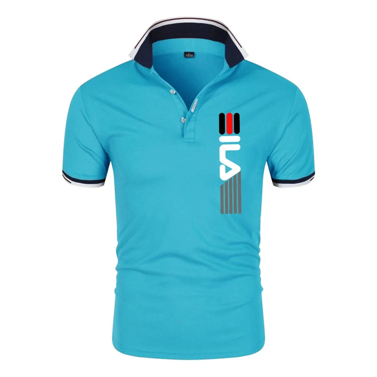 Slim fit men's casual polo shirt with summer 2025 print from Corporación Turística, ideal for business or casual wear.