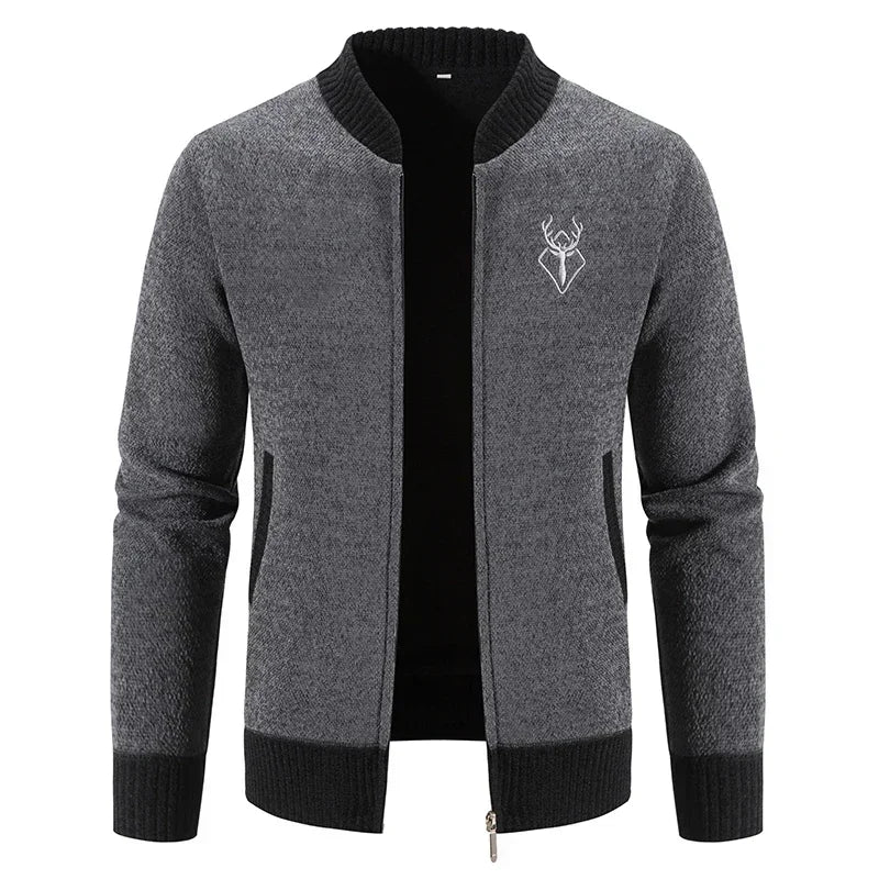 Dark grey men's winter cardigan with zipper, warm sweater from Corporación Turística, featuring a cozy, casual fit.