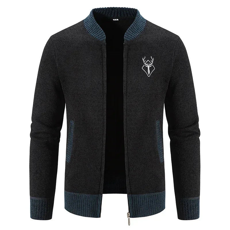 Dark grey men's winter cardigan by Corporación Turística, warm sweater with front zipper, suitable for cold weather.