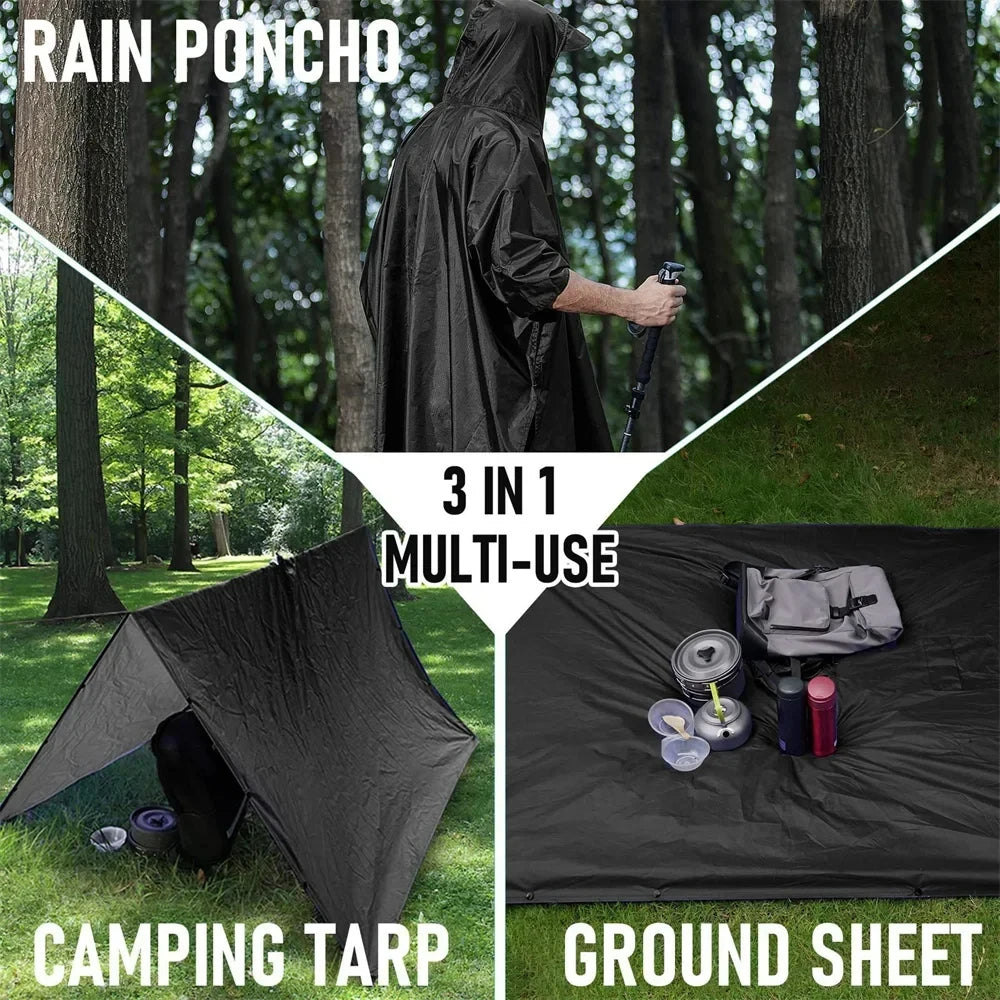 Military 3-in-1 waterproof rain poncho with hood by Corporación Turística, featuring a black, durable rain protection design.
