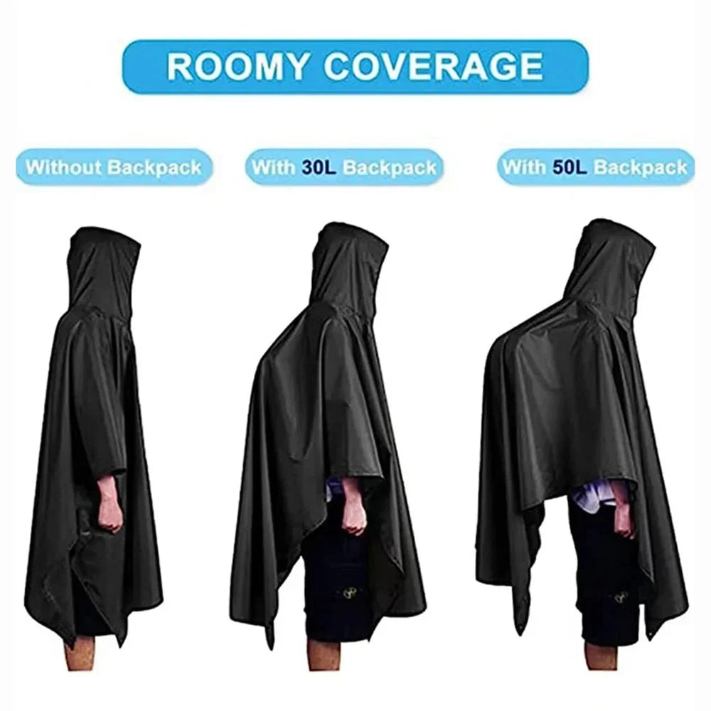 Black military 3-in-1 rain poncho with hood, waterproof and versatile, designed for outdoor protection by Corporación Turística.