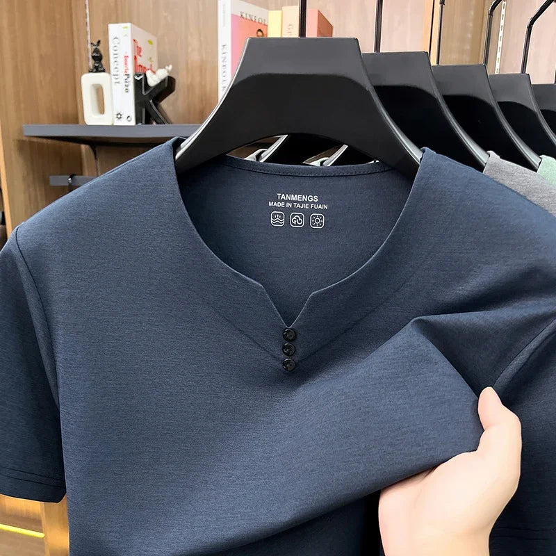 White men's Henley summer T-shirt with short sleeves, breathable cotton fabric, casual style by Corporación Turística.