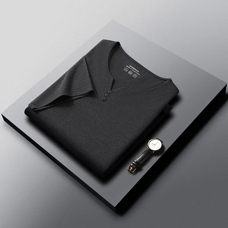 White men's Henley shirt by Corporación Turística, summer casual short-sleeve cotton tee with breathable fabric.
