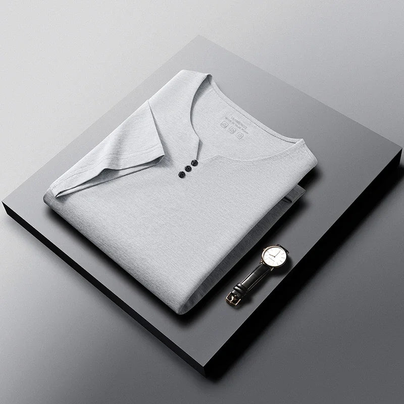 White men's Henley shirt from Corporación Turística, summer casual cotton T-shirt with short sleeves and breathable fabric.