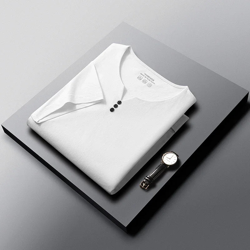 White men's Henley summer casual T-shirt with short sleeves, breathable cotton fabric, by Corporación Turística.