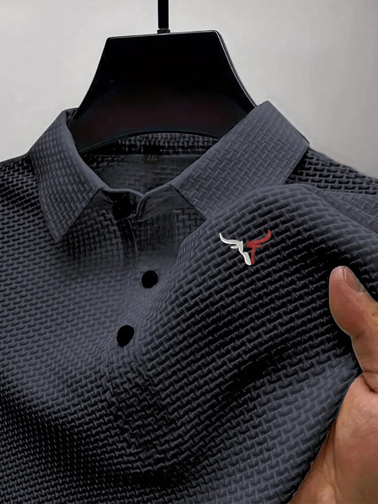 Black men's summer Seda Helada casual short-sleeve T-shirt with lapel from Corporación Turística, perfect for warm weather.