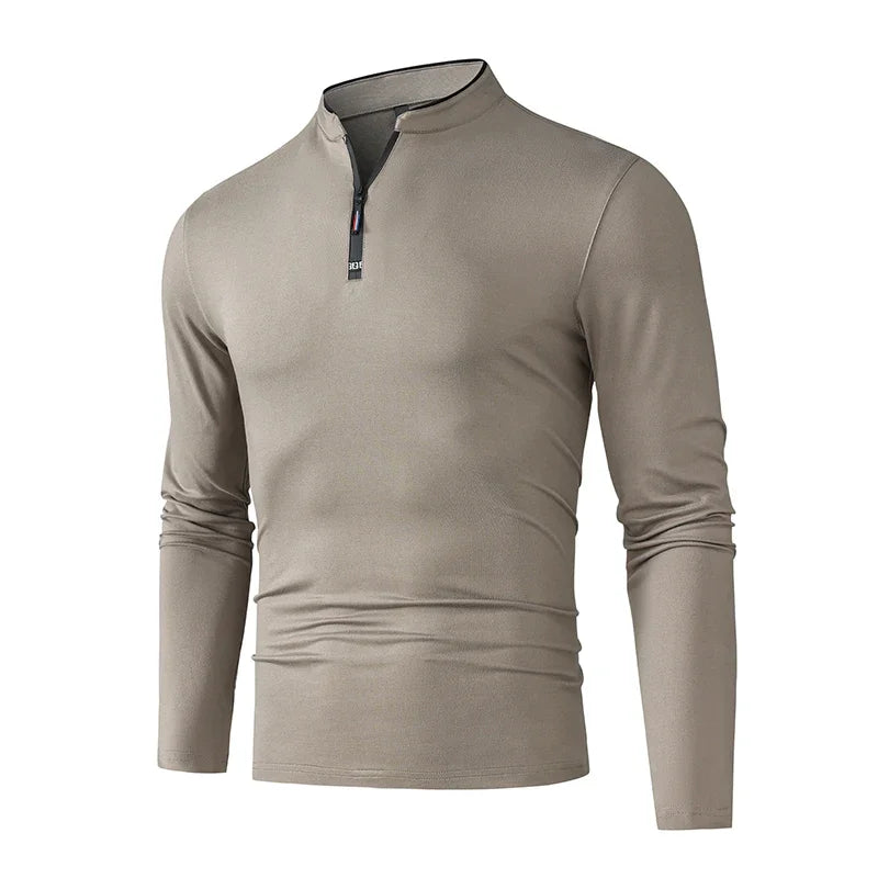 Black men's long sleeve casual shirt by Corporación Turística with half zipper, anti-wrinkle fabric, suitable for business or casual wear.