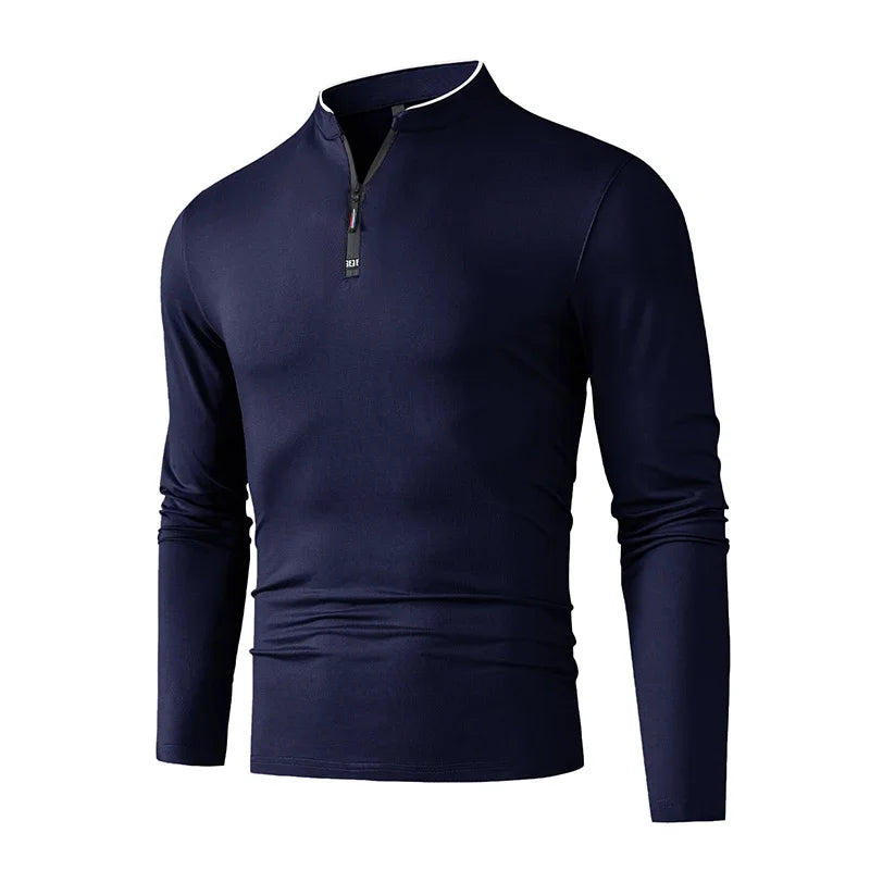 Long-sleeve men's shirt by Corporación Turística with a half zipper, casual style, anti-wrinkle fabric, suitable for business or casual wear.