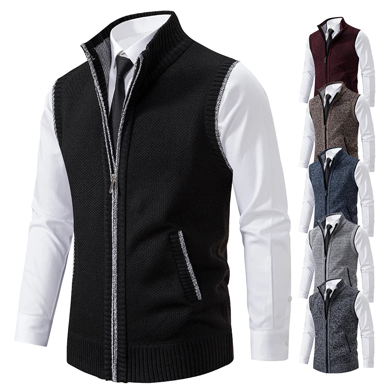 Light grey men's knitted vest with high collar, zipper, and velvet-lambswool fabric, from Corporación Turística.