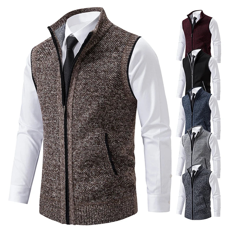 Light grey men's knitted vest with high collar, zipper, and velvet wool fabric, from Corporación Turística men's clothing collection.